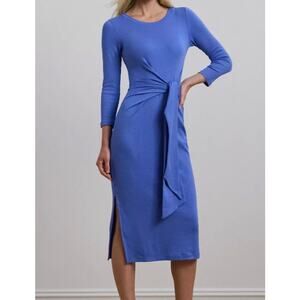 NWT Lauren Ralph Lauren Blue Rib Knit Tie Waist Midi Dress Long Sleeve Small
